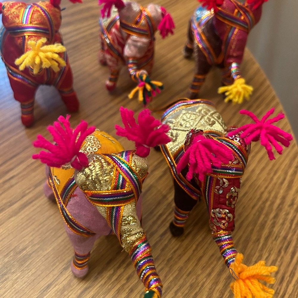 Stuffed Cotton Folk Art Elephants - Lot of 5 Fabric Yarn Ribbon India
